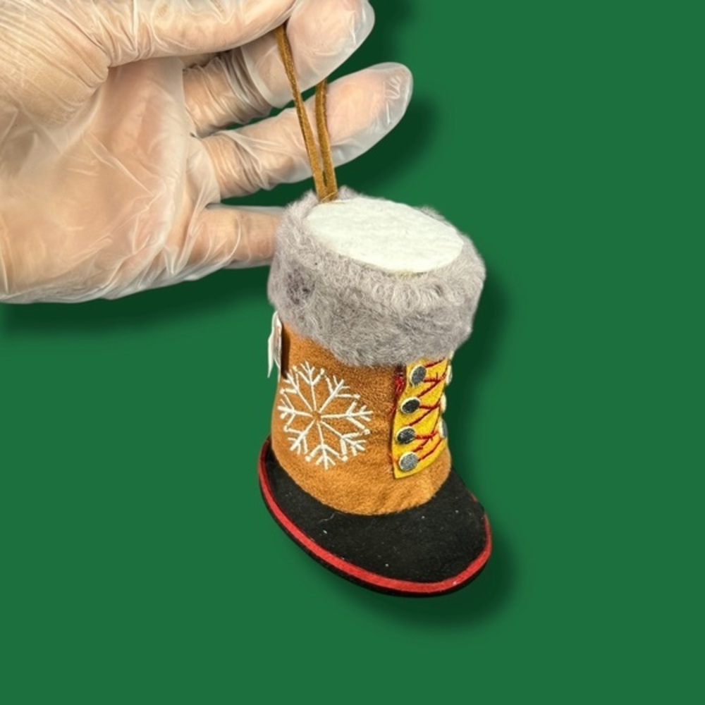 Faux Fur Trim Embroidered Tall Snow Boot Ornament - “Carolers”